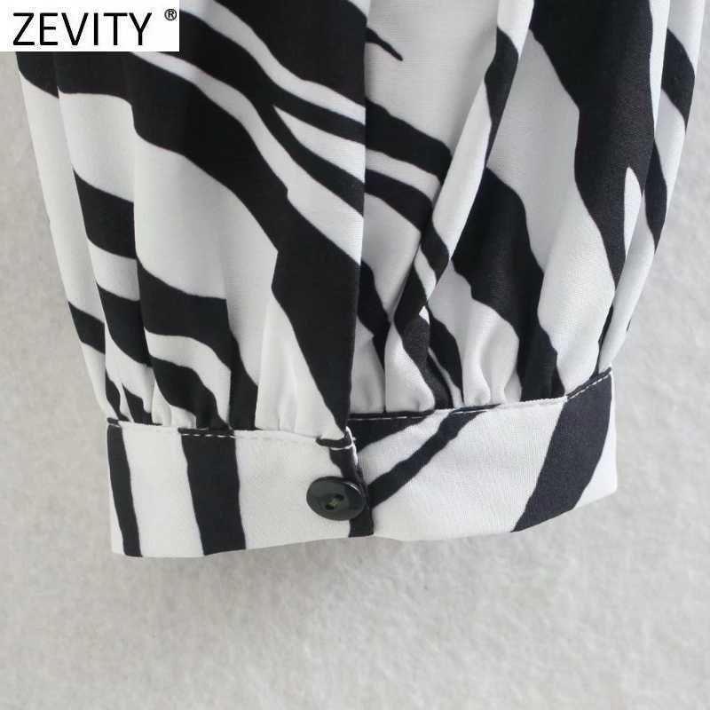 Zevity Women Vintage Zebra Striped Print Short Smock Blouse Female Pleats Long Sleeve Side Zipper Shirt Chic Blusas Tops LS9233 210603