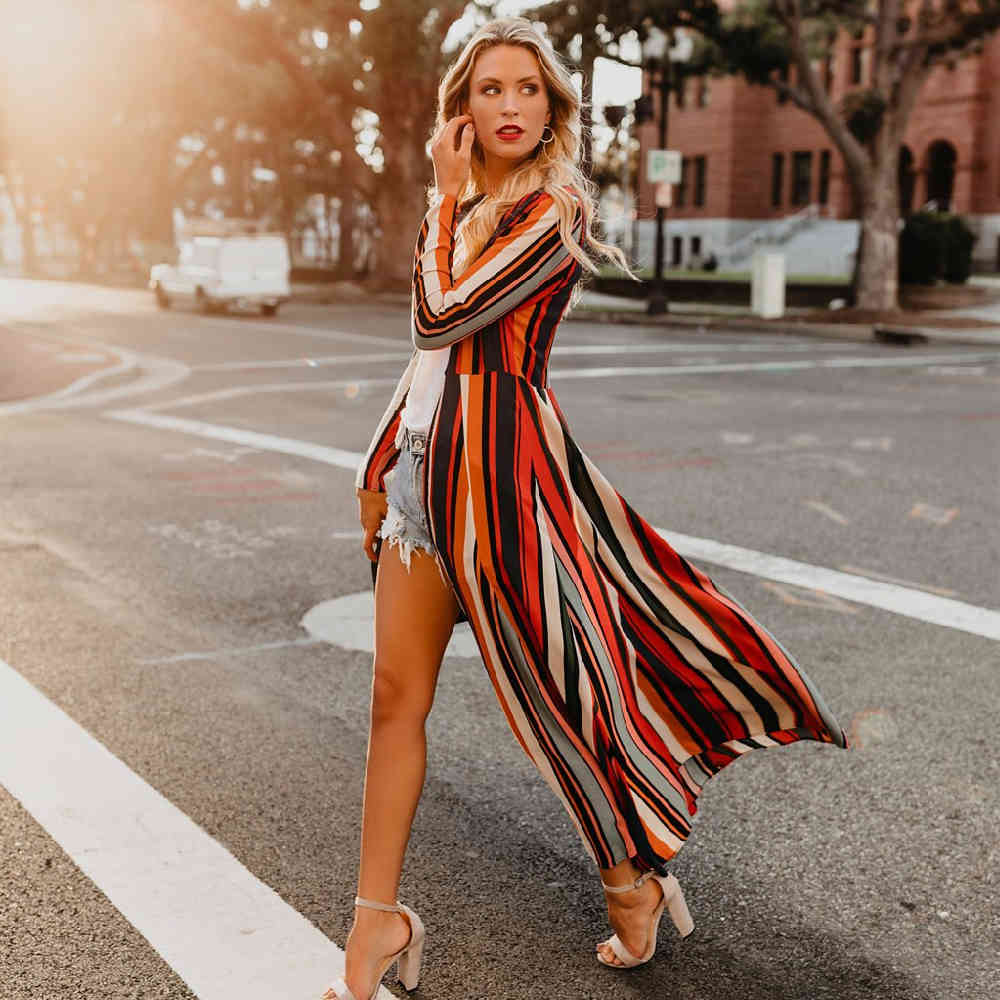 Red Boho Striped Robes Bathing Suit Cover-ups Plus Size Beach Wear Kimono Dress Tunic Women Summer Swimsuit Cover Up A839 210420