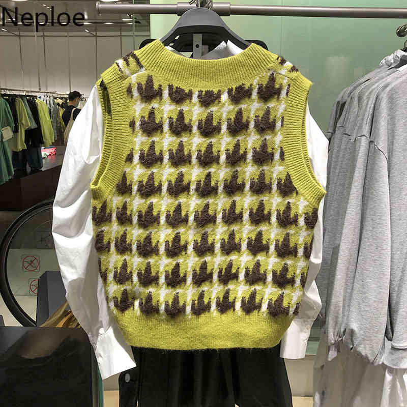 Neploe Preppy Style Knit Plaid Vest Spring Autumn Sleeveless Sweater Coat Tops Women Knitted Cropped Casual Waistcoat Outwear 210422