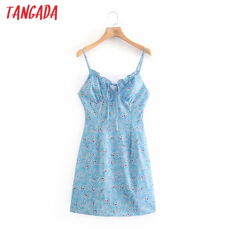 Summer Women Blue Floral Mini Sleeveless Strap Ladies Dress Vestidos XN324 210416