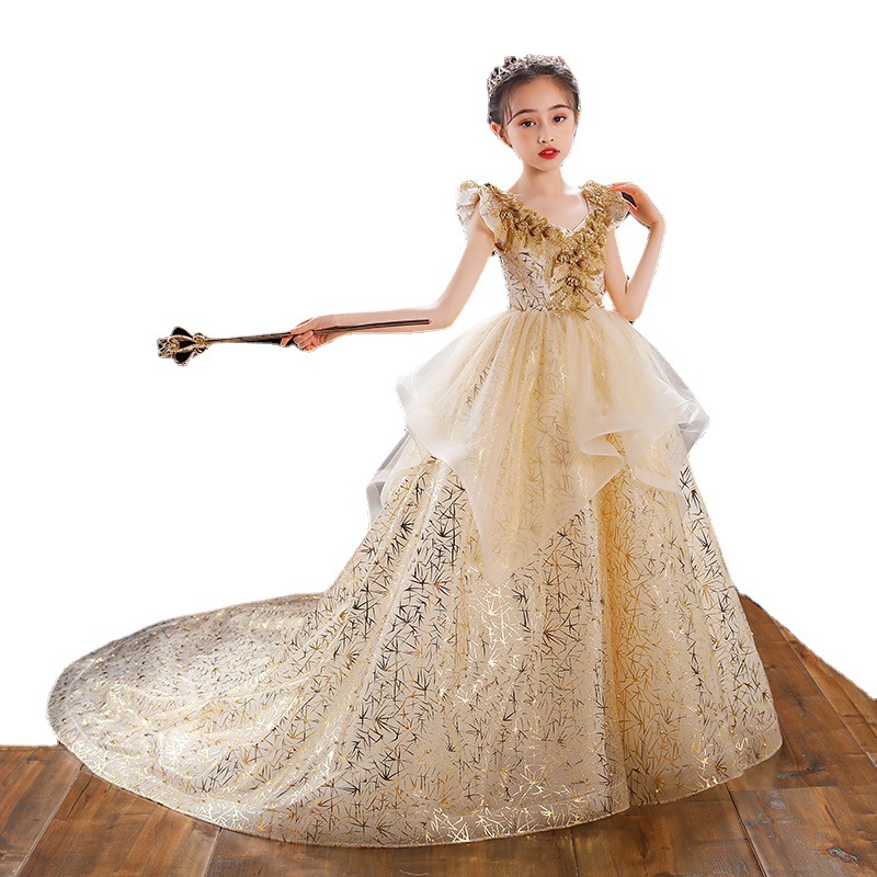 Ball Gown Toddler Girls Pageant Dresses Lace Appliqued Long tail Flower Girl Dress Crystals Tulle First holy Communion Gowns 2021