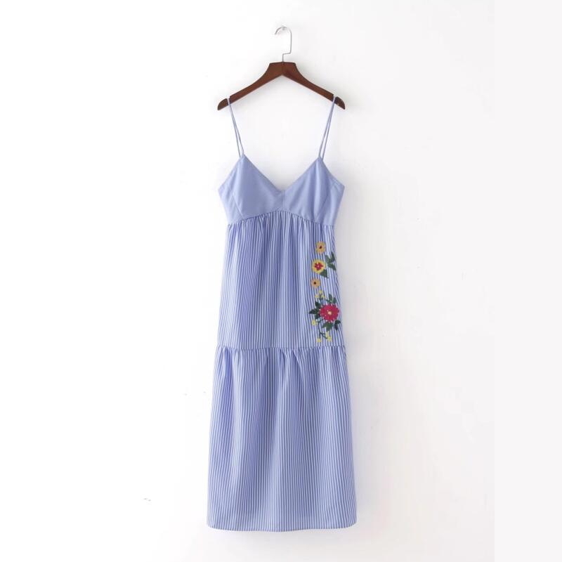 Fashion Women Flower embroidery stripe Sling large swing Dresses Summer style Casual sexy Dress Womens Clothing D952 210430Z
