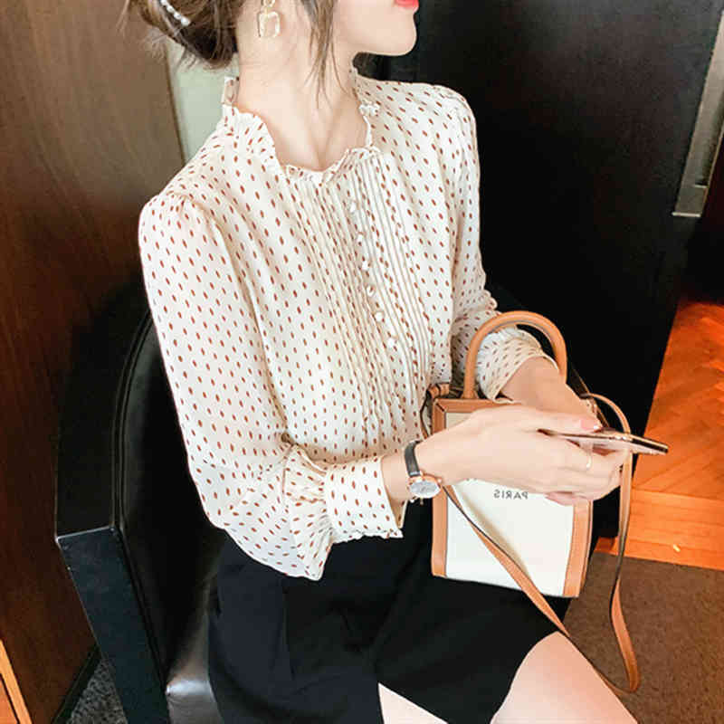 Loose Polka Dot Chiffon Blouse Women Spring Long Sleeve Office Ladies Shirt Tops Stand Collar Casual Blouses 13074 210512