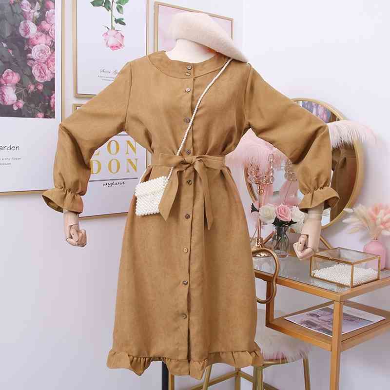 Spring Autumn Dres Slim With Belt Vintage Corduroy es Ladies Fashion Single Breasted Ruffles Hem Vestidos 210602
Spring Autumn Dres Slim With Belt Vintage Corduroy es Ladies Fashion Single Breasted Ruffles Hem Vestidos 210602