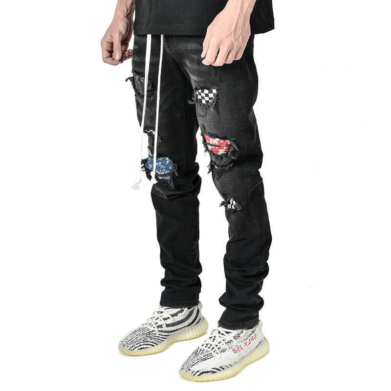 New Men's Zipper Slim Skinny Jeans Stretchy Ripped Biker Embroidery Print Destroyed Jeans X0621