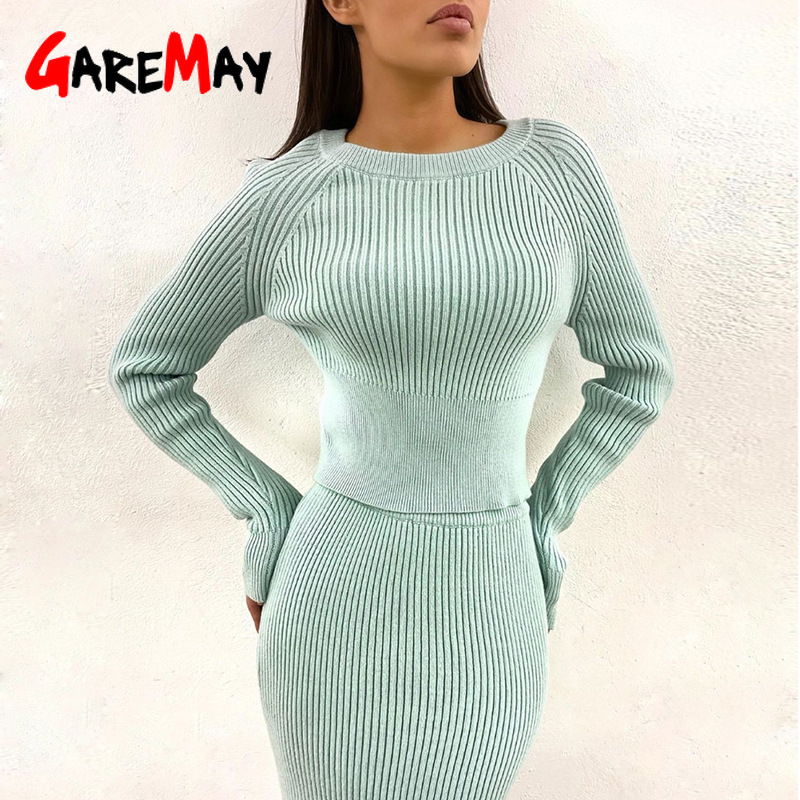 Knitting Pullover And Skirt Two Piece Set Women Slim Fit Cropped Tops Autumn Elegant Sweater Skirts 2 Sets 210428