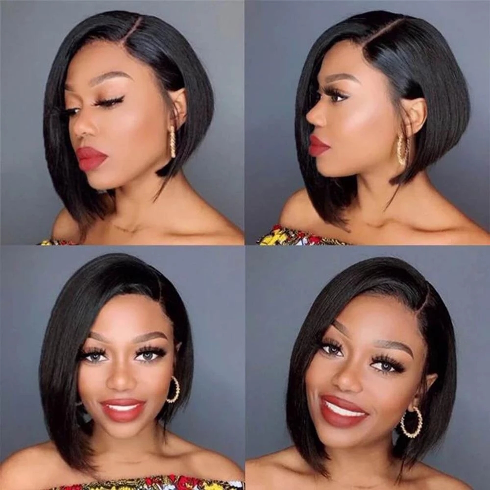 Lace Front Synthetic Hair Wigs Short Bob 1B Color Natural Straight Side Part 14inch Wig Medium size