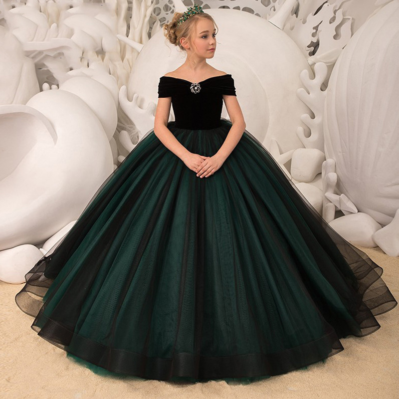 Kids Dresses Girl Elegant Long Prom Green Tulle New Children Graduation Dress Teen Wedding Bridesmaid Robe First Holy Communion Gowns 403