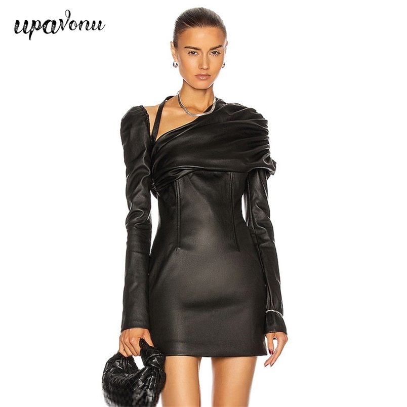Free Women Chic PU Faux Leather Dress Oblique Collar Puff Sleeve Bodycon Draped Club Night Party Vestido 210524