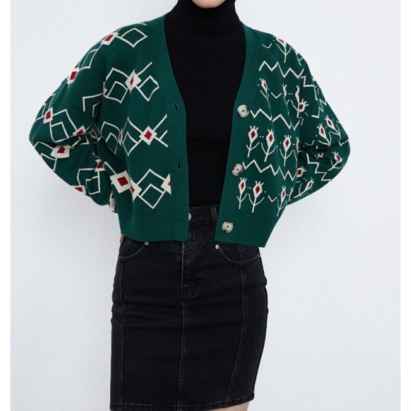 Fall Winter Women Vintage College Style Green Jacquard Loose V-neck Short Knit Cardigan Sweater Coat Top Sueter Mujer 210508