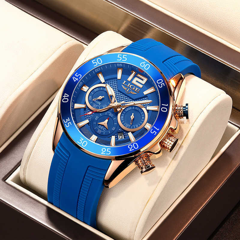 Watches Mens LIGE Top Brand Waterproof Clock Male Silicone Strap Sport Quartz Watch For Men Big Dial Chronograph Wristwatch 210527, Gold blue 
Watches Mens LIGE Top Brand Waterproof Clock Male Silicone Strap Sport Quartz Watch For Men Big Dial Chronograph Wristwatch 210527, Gold blue
