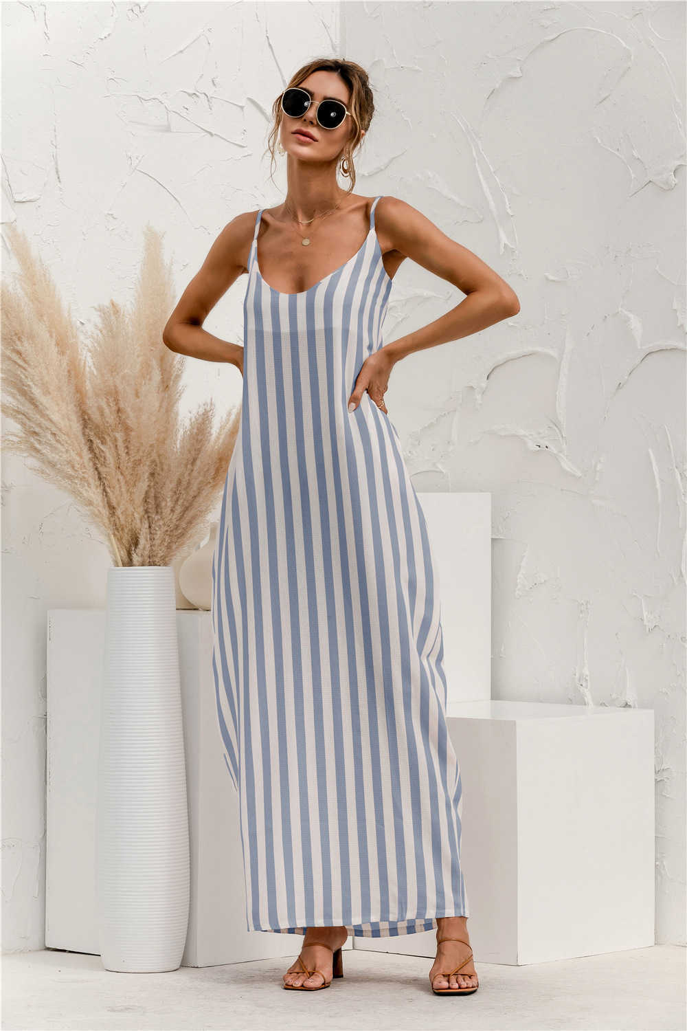 Striped Backless Bohemian Maxi Dress Women Summer Sexy Spaghetti Strap Pocket Casual Loose Holiday Beach Robe Femme Vestidos 210526