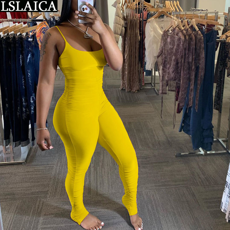 Fashion jumpsuit women solid color spaghetti straples knitted hollow out bodysuit sexy elegant casual streetwear 210520