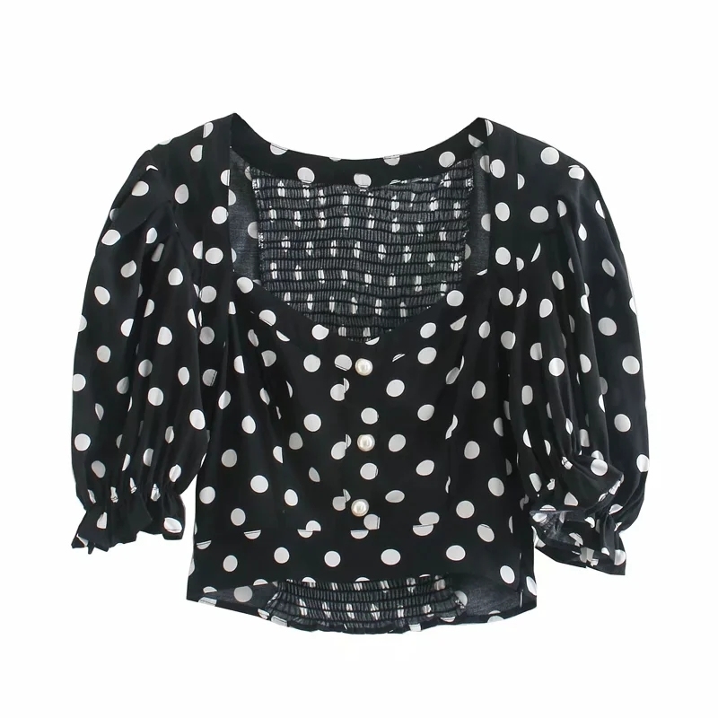 vintage women shirts summer fashion black blouses polka dot casual short dresses square collar girls 210430