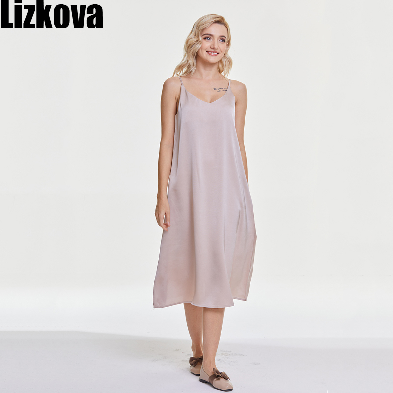 Lizkova Summer Satin Dress Women V-neck Sleeveless Vestidos Green Spaghetti Strap Robe Strap Adjust 210331