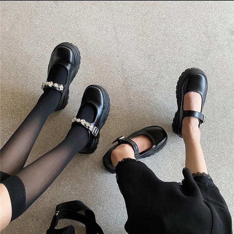 Dress Shoes RIBETRINI INS Ladies Black Buckle Platform Round Toe Mary Janes Pumps Rhinestone Bling Luxury Sweet Design Woman