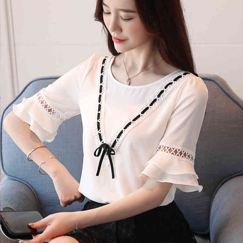 Women's Tunic Summer Short Sleeve Solid Color Elegant Bow Chiffon Blouse Women Office Lady V-neck White 8851 50 210427