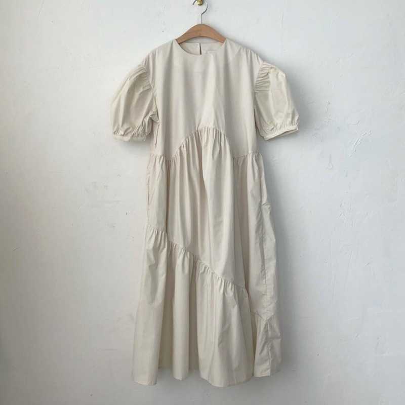 VANOVICH Korean Chic Summer Solid Color Loose Lotus Leaf Side Short Sleeve Dress Temperamental Long Women 210615Z