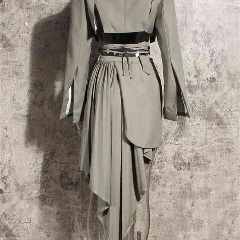 Autumn Sexy Bandage Cross Hollow Out Backless Blazer Patchwork Pleated Asymmetry Skirts Long Sleeve Suits 2 Pieces Set 210429