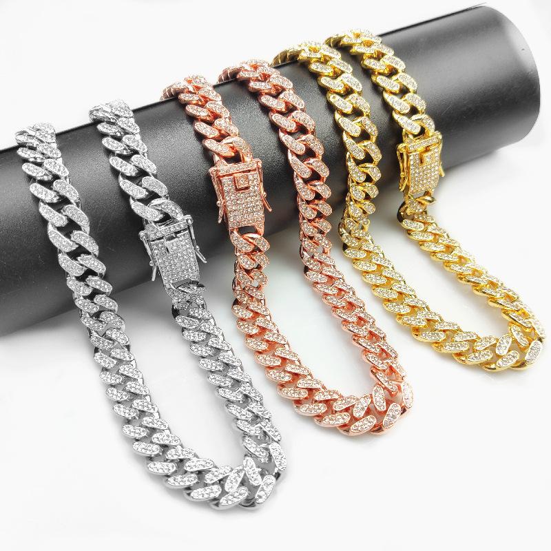 

Dog Collars & Leashes Cuban Necklace Paved Rhinestones 12.5mm Width Chain Hip Hop Jewelry Gold Color Stainless Steel Material CZ Clasp Men