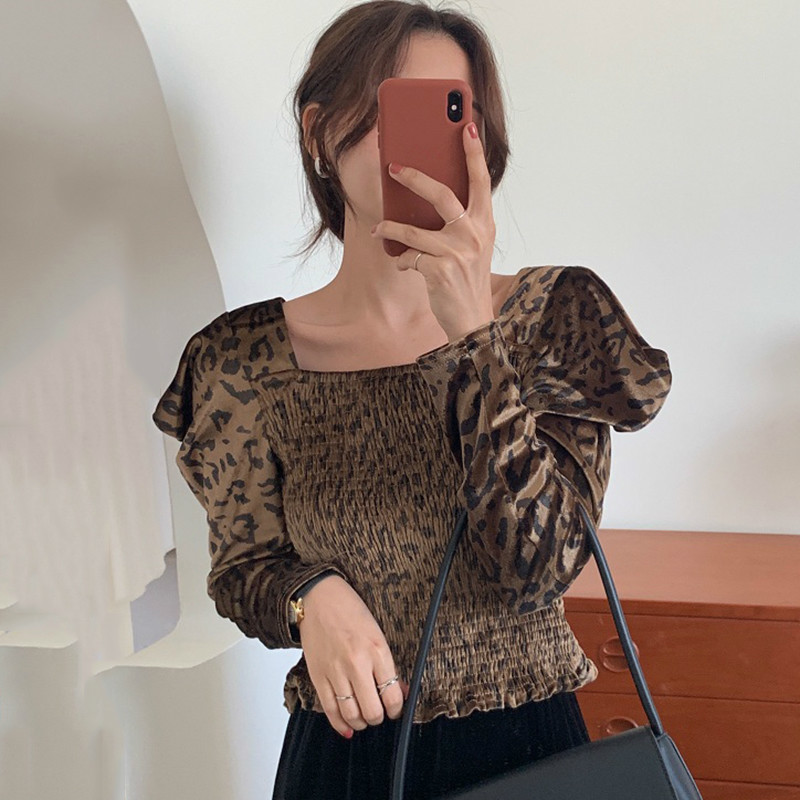 Nomikuma Women Velour Blouse Puff Long Sleeve Square Collar Korean Shirt Autumn Stretch Slim Short Top Blusas Femme 6C970 210427