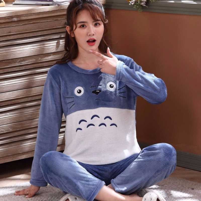 Autumn Winter Warm Women's Pajamas Sets Thick Flannel Coral Velvet Long Sleeve Cartoon Sleepwear Pijamas Trouser Suits Girl 210924
