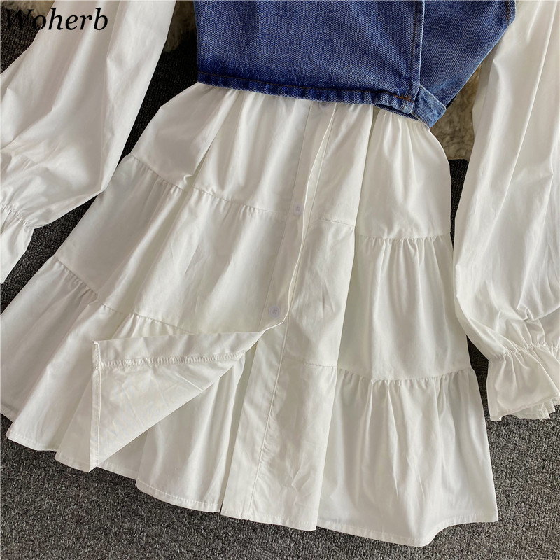 Women Sets High Stree Sweet Slim Waist White Shirt Dress Vintage Denim Vest Two Piece Set Korean Chic Suit 4h485 210519