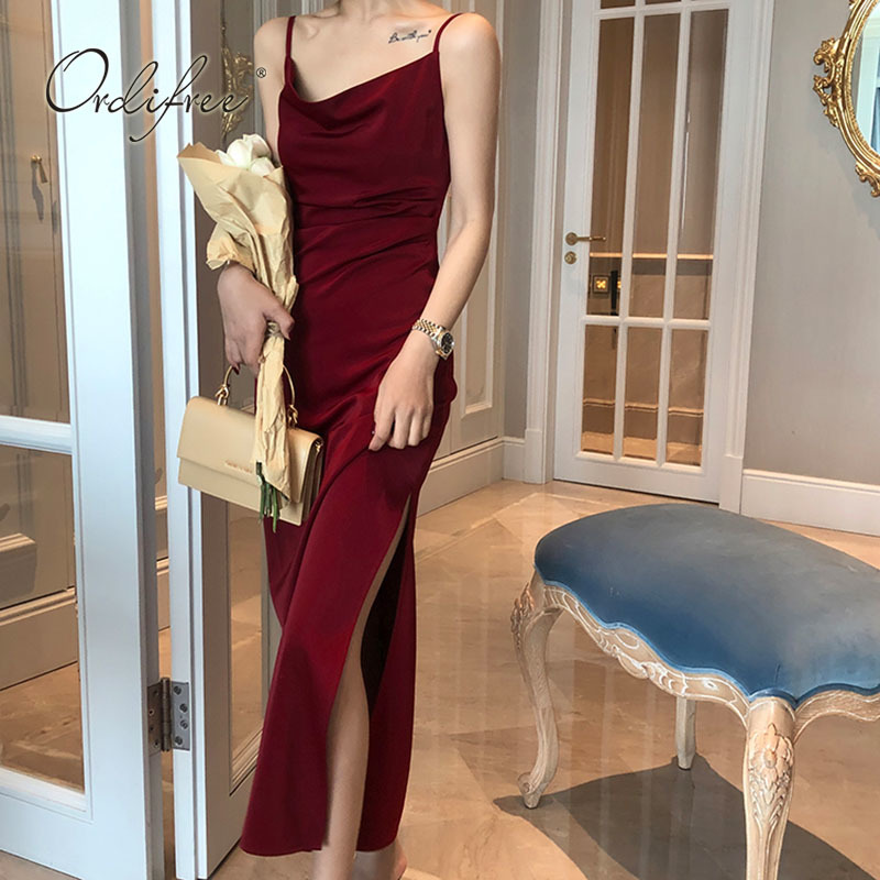 Ordifree Summer Vintage Women Satin Slip Dress Spaghetti Strap Side Slit Black Burgundy Silk Sexy Long Party Dress 210409