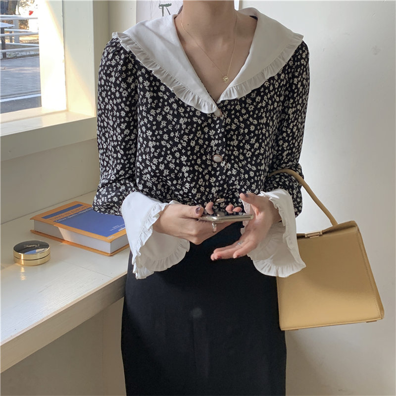 Ruffles Vintage Fashion Floral Print Shirts Women Blouse Flare Long Sleeve Elegant Loose Casual Sweet Clothes Blusas 10172 210506