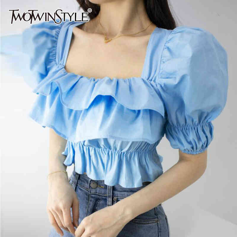 Korean Blue Patchwork Ruffle Shirts For Women Square Collar Puff Short Sleeve Casual Slim Blouses Female Style 210524
Korean Blue Patchwork Ruffle Shirts For Women Square Collar Puff Short Sleeve Casual Slim Blouses Female Style 210524