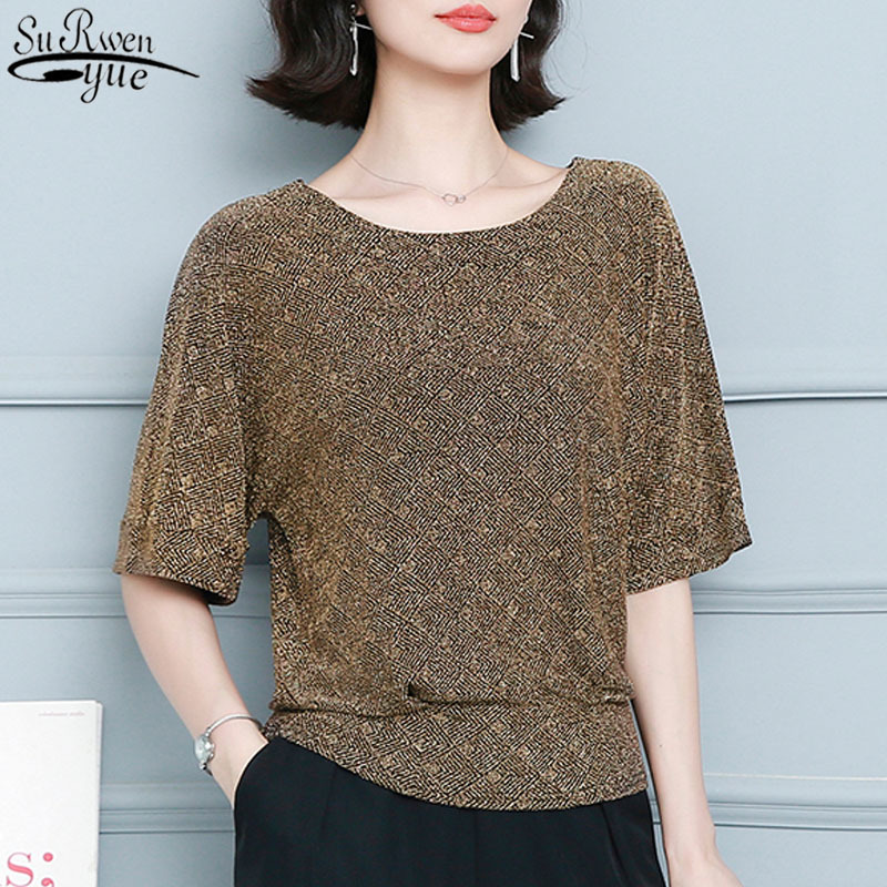 Fashion Elegant Shiny Sequin Blouse Glitter Shirt Tops Tunic Women Blouses Red Golden Shine Women's Plus Size 12853 210427