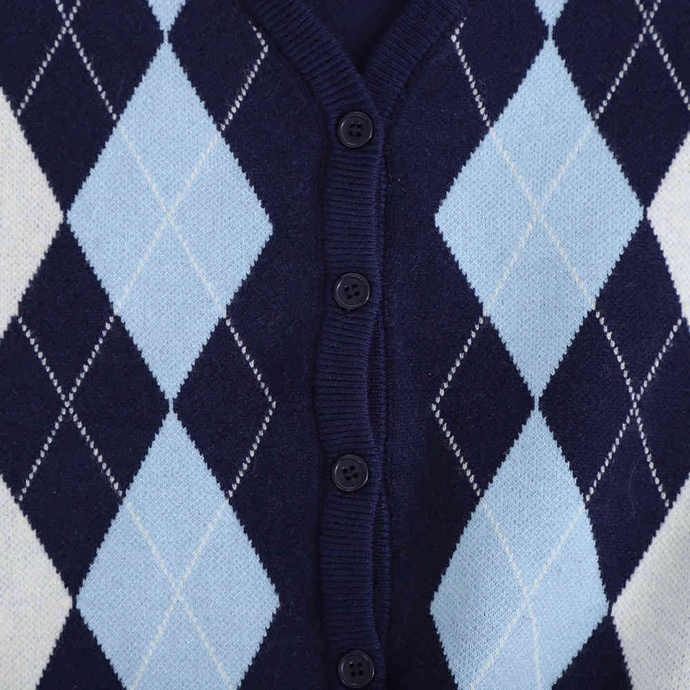 Pink cardigan womens sweaters korean crop autumn tops long sleeve blue argyle short knitted fall 210521