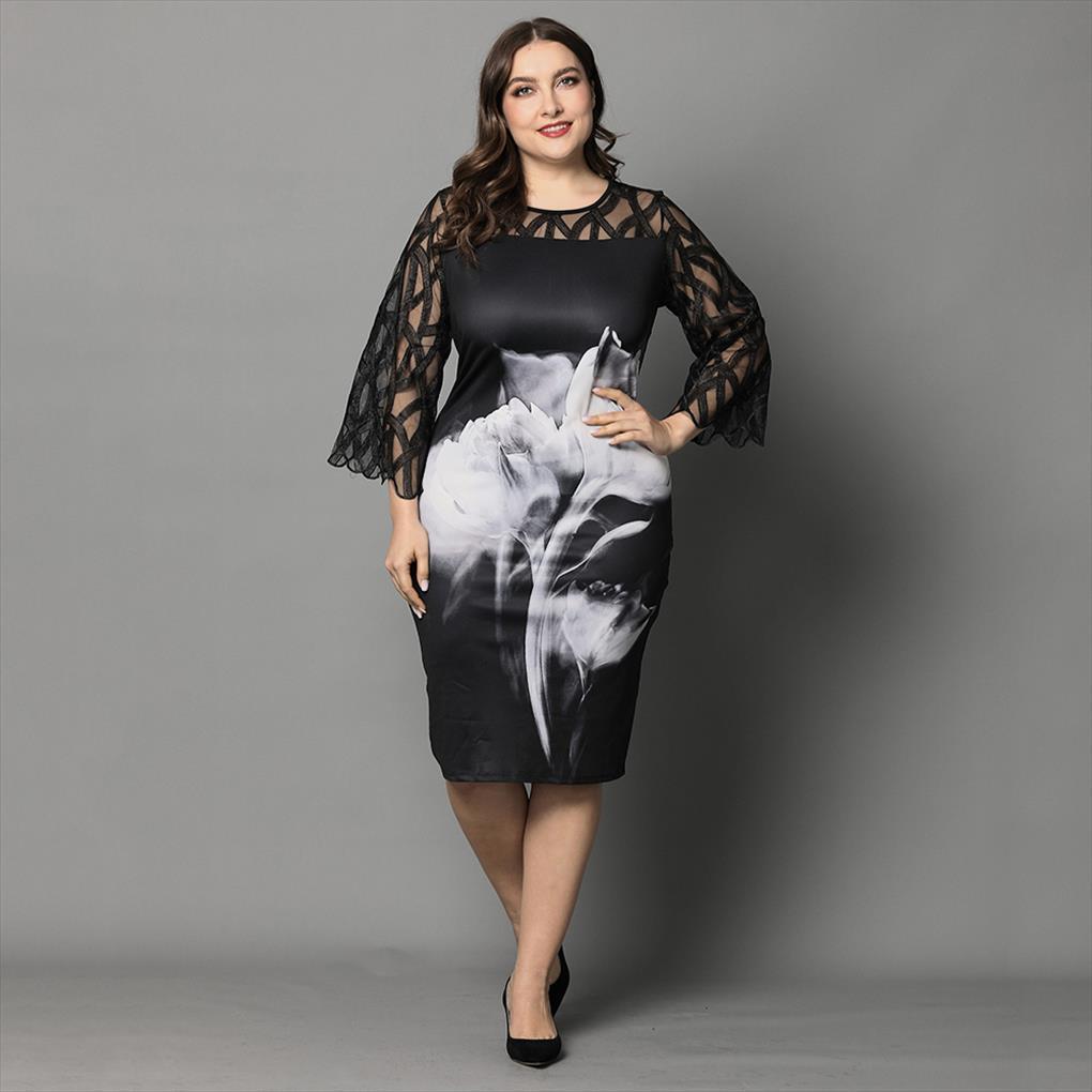l 6xl plus size elegant women dresses black sheer lace sleeve chic printed evening party d30, Black;gray
l 6xl plus size elegant women dresses black sheer lace sleeve chic printed evening party d30, Black;gray