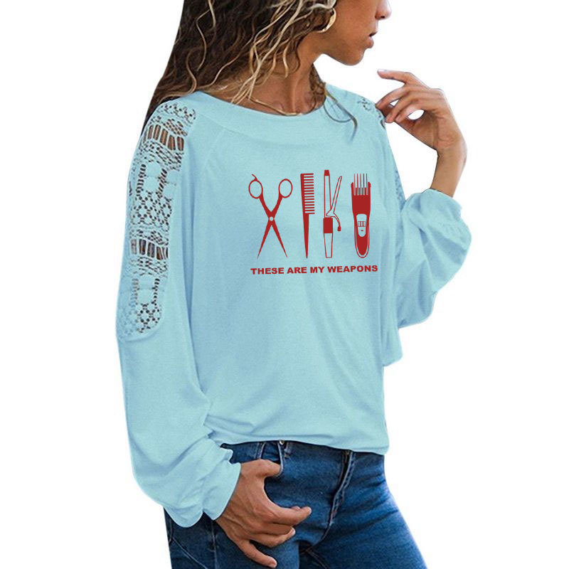 Barber T Shirt Women Long Sleeve O-Neck Hairdresser Weapon T-shirt Woman scissors Clothing Tops Girl Casual Loose Lace Top Tees 210406
