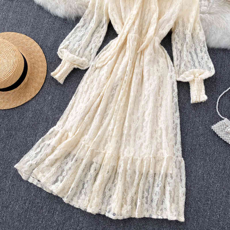 LoveFlowerLife Autumn Winter Bow Tie Long Sleeve Elegant Clothes Vestido Lady Fashion Lace Dress Women 210521