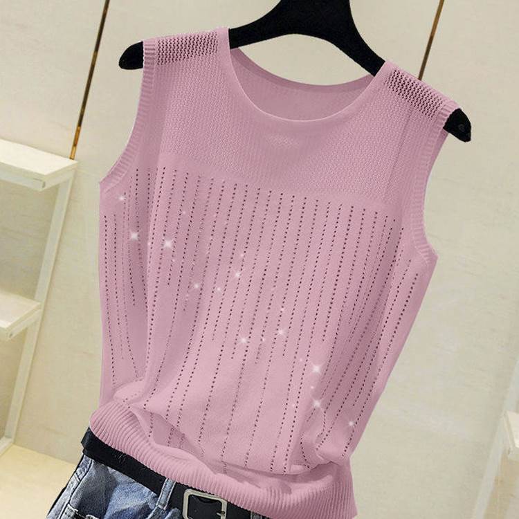 Summer Ice Silk Thin Knitted Vest Women Casual Tank Top Modis Sequined Beading Hollow Out Mesh Shirt Femme 210519
