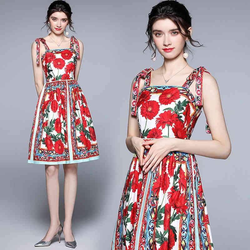 Runway Summer Women's Sexy Spaghetti Strap Red Floral Printed Casual High Waist Slim Party Dress Vestidos 210519