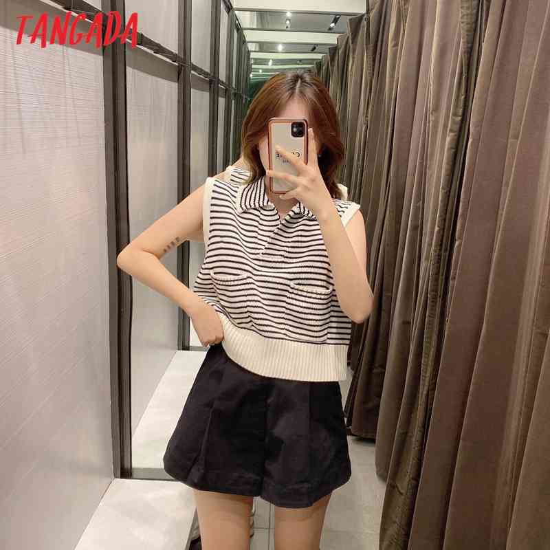 Women Vintage Striped Crop Knitted Vest Sweater Pocket Sleeveless Female Waistcoat Tops 3N30 210416