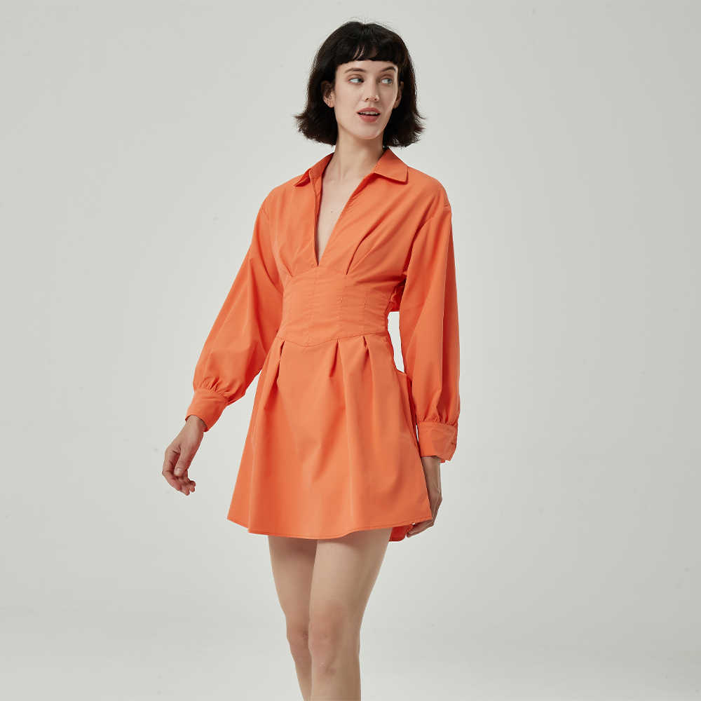 Summer Tunic Dress Women V-neck Long Sleeves Lace Up Hollow Out Waist Casual Fashion Chic Lady Short Dress Women 210709