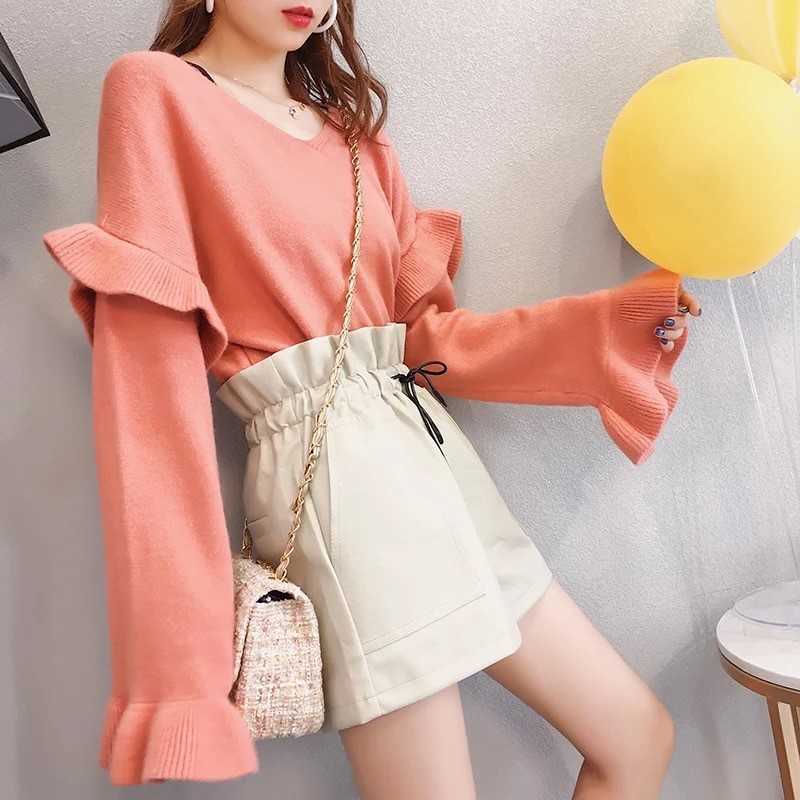 H.SA Women Korean Oversized Sweater and Pullovers V neck Ruffles Butterfly Sleeve Harajuku Chic Sweater Jumpers casaco feminino 210716