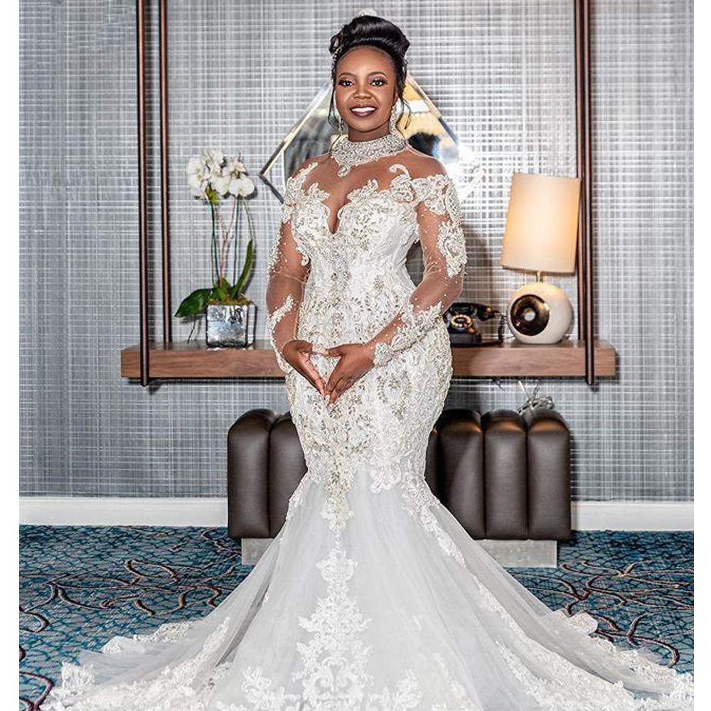Illusion Long Sleeve Mermaid Wedding Dresses 2021 High Neck Lace Beaded Applique Plus Size Trumpet African Bridal Dress Robes