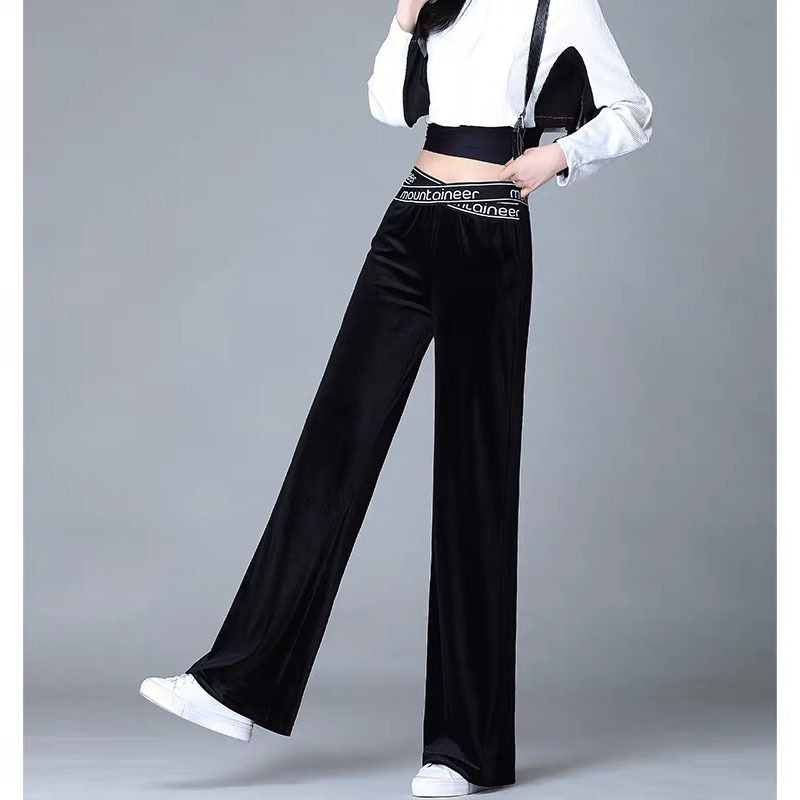 Elastic High Waist Wide Leg Pants Women Plus Size Velvet Elegant Office Lady Highstreet springTrousers Spodnie Damskie 210421