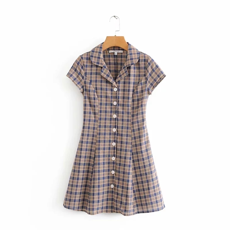 Vintage cotton linen red Plaid dress women elegant short sleeve button mini beach korean party casual vestidos 210521