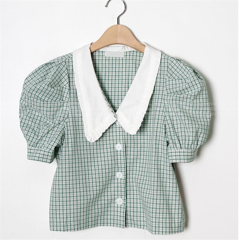 Brief Plaid Vintage Stylish Geometric Summer Short Sleeves Casual Lady Loose OL All Match Women Blouses Shirts 210421