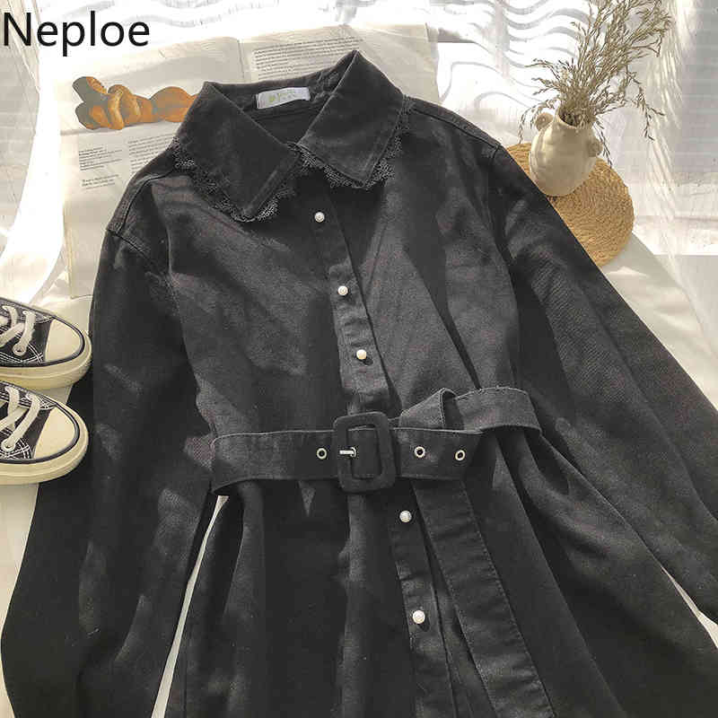 Neploe Korean Lace Patchwork Jeans Blouse Women Turn-down Collar Single Breasted Shirt Coat Bandage Slim Blouses Denim Jacket 210422