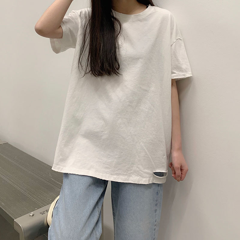 2Colors Summer korean style Soild Color Short Long Sleeve t-shirt Womens Ripped Loose tops Tees shirt femme (X1811) 210423
