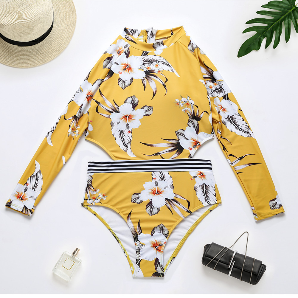 Swimsuit Sexy Long Sleeve Swimwear Women Print Bathing Suit Beach Wear Back Cut Swimming Suits Monokini 210520