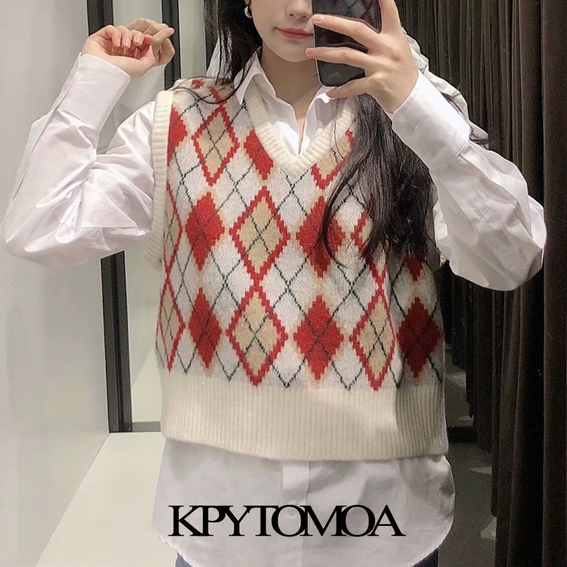 Women Fashion Loose Cropped Argyle Knitted Vest Sweater V Neck Sleeveless Female Waistcoat Chic Tops 210420