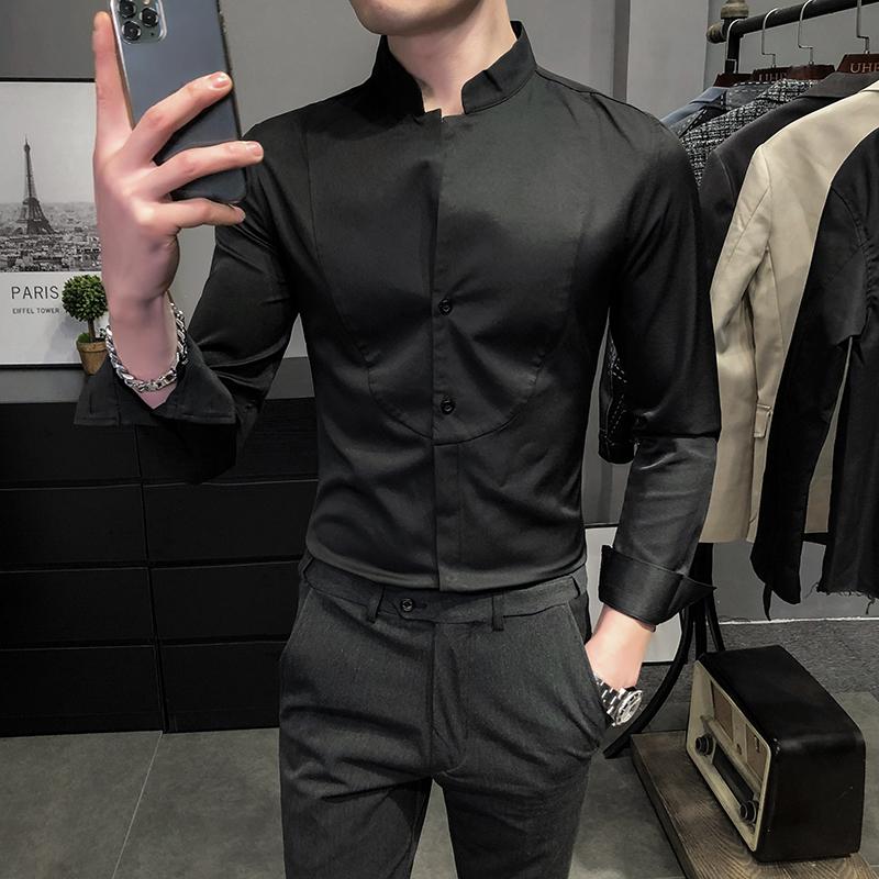 Vintage Stand Collar White Classic Shirts Mens Wedding Dress Retro British Style Fitted Party Mandarin Men's Casual