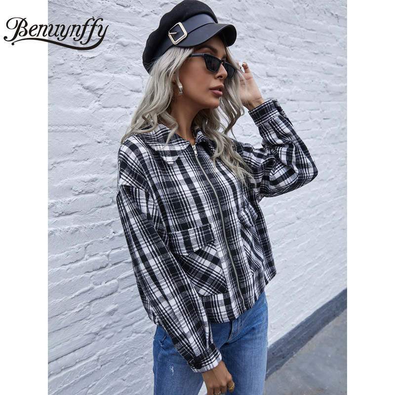 Turndown Collar Tartan Plaid Jacket Coat Women Autumn Vintage Drop Long Sleeve Zipper Ladies Short Outerwear 210510